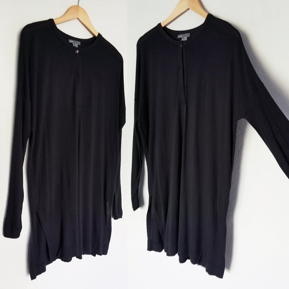 Vince Black Henley Button Front Longline Tunic Top S Black Jersey Knit $145